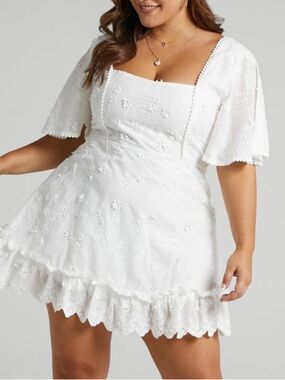Showpo White Embroidered Square-Neck Mini Dress